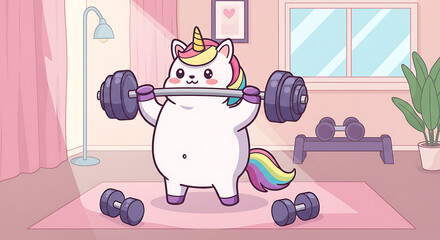 A cute and strong unicorn muscle cartoon character is lifting a barbell in a home gym. Funny fitness illustration.