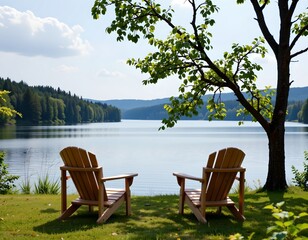 Tranquil Lake View with Adirondack Chairs