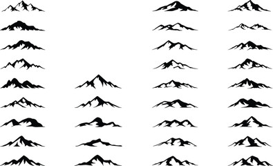 Mountain silhouette icon set, vector illustration of alpine peaks, black landscape shapes, outdoor nature graphics, rocky terrain elements