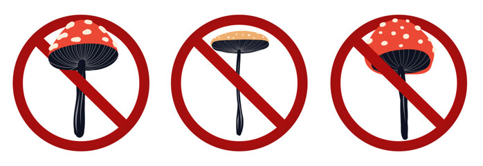 Vector collection with fly agarics with prohibitory signs. Do not touch poisonous mushrooms. Danger of poisoning.