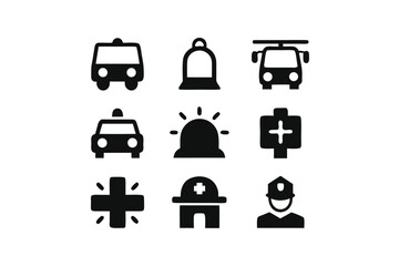 Collection of black emergency service and medical icons on white background vector