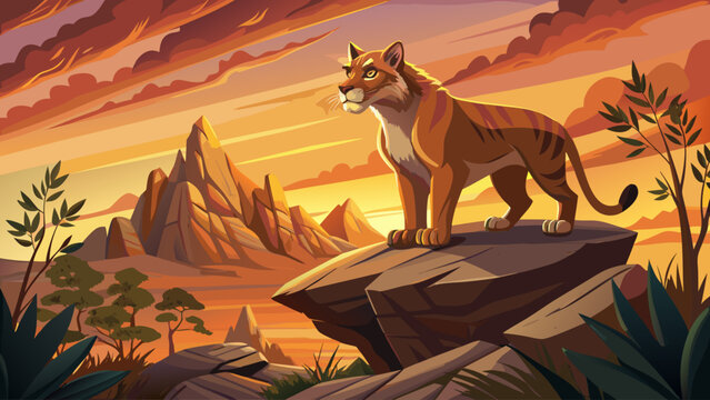 A sabertooth cat stands proudly atop a rocky ridge at sunset, overlooking its hunting grounds