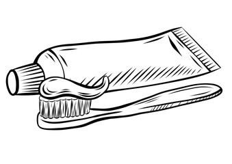 Vector outline illustration of toothbrush and toothpaste with hatching. Drawing mouth hygiene items