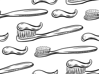 Vector seamless pattern with toothbrushes and toothpaste. Texture with contour drawing of dentist tool for wallpaper and wrapping paper.