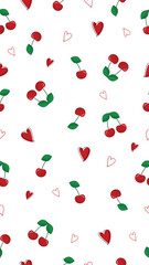 Seamless cherry and heart pattern on a white background. perfect for Valentine's Day, romantic-themed packaging, wrapping paper, textile prints, wallpapers, or digital backgrounds.