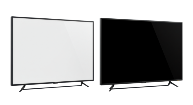 Two sleek modern digital screens with glossy black frames on a transparent studio background with copy space. Left screen white, right screen black, side-by-side. Concept of display technology