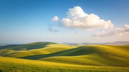 Rolling Green Hills Under a Blue Sky with Fluffy White Clouds