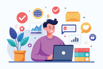 Fototapeta premium Social media marketing concept illustrated with a person working on a laptop surrounded by various digital marketing icons in a creative workspace