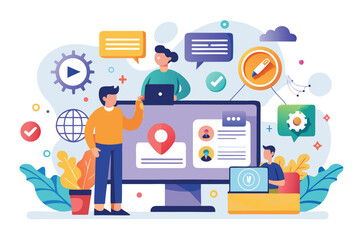 Social media marketing concept featuring flat vector illustrations of professionals engaging with technology and communication platforms for online brand promotion