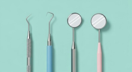 A set of four dental instruments, including two probes and two mirrors, arranged against a teal background