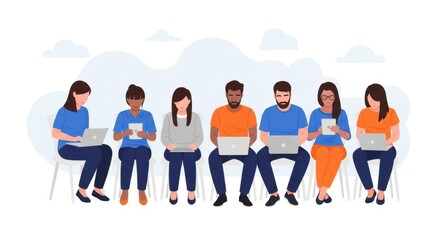 A diverse group of people sitting on chairs, each engaged with a laptop or tablet