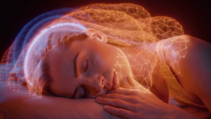 Sleeping woman with glowing neural network overlay, restful deep sleep concept - Powered by Adobe