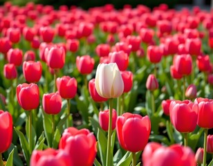 Fototapeta premium Vibrant Tulip Field with White Blossom Foreground