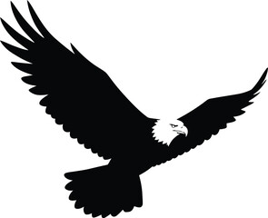 Powerful American Bald Eagle Soaring with Wings Spread in Black and White Silhouette Design