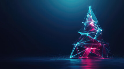 A colorful, abstract Christmas tree made of glowing geometric shapes. The background is dark, enhancing the vibrant lights 