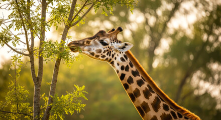 giraffe eating leaves in golden sunlight
