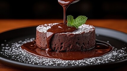 Chocolate lava cake, pouring hot chocolate, restaurant dessert, mint garnish