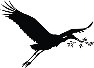 Silhouette of a Crane Flying with an Olive Branch in its Beak on White Background