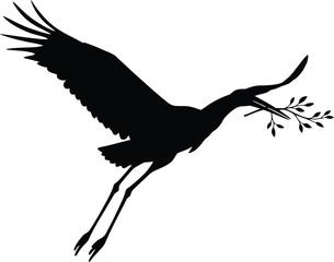 Elegant Silhouette of a Crane in Flight Carrying a Branch Symbolizing Peace and Hope