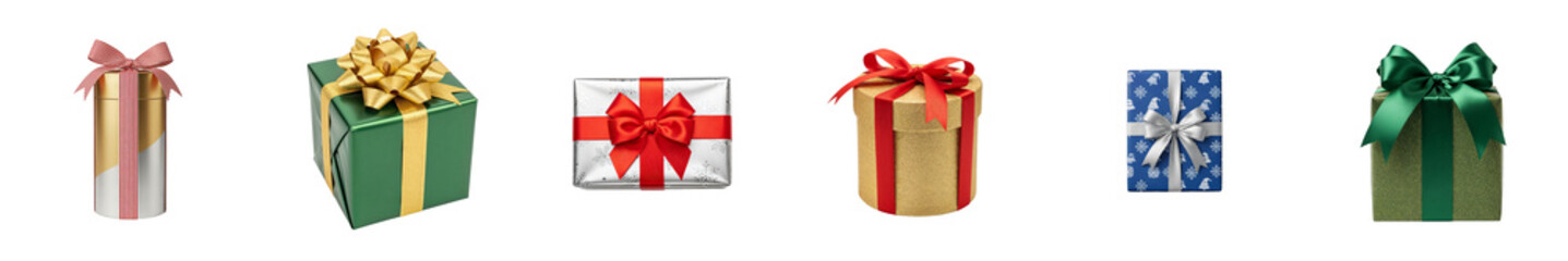 Collection of colorful gift boxes with ribbons. Assortment of presents for holidays like Christmas or birthdays, isolated on a transparent background.