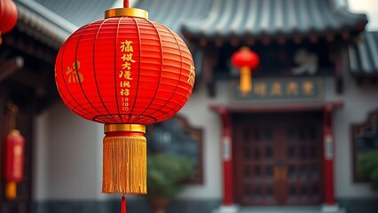 Vibrant red lantern with golden tassels against blurred courtyard, glowing with festive national symbolism.