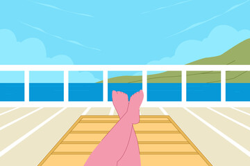 A peaceful moment of relaxation on a cruise ship deck, enjoying the sea and scenic horizon.