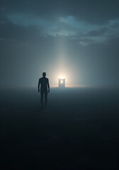 Silhouette figure walks towards a glowing portal in a misty landscape