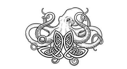 An intricate black and white illustration of intertwined Celtic knots forming a complex, endless pattern.