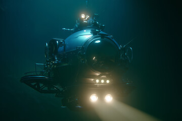 A deep-sea bathyscaphe plunges into the black water column of an endless ocean
