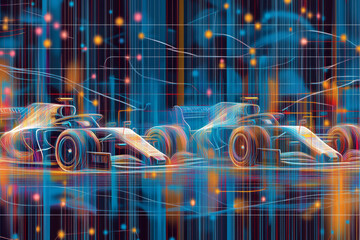 Abstract image of Formula 1 racing cars with neon lights and bright design