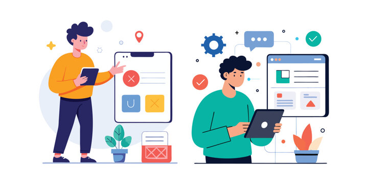 Modern UX Designer Testing Mobile App Interface on Tablet &ndash; Creative Flat Vector Illustration for UI Development, Usability Testing, Wireframing, and Mobile App Design Concepts