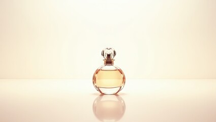 Obraz premium A spherical glass perfume bottle with a clear, light-amber liquid sits on a reflective white surface against a soft, off-white backdrop, its elegant, 