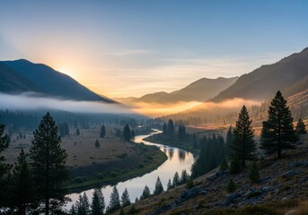 A peaceful sunrise over misty mountains with a river flowing through the valley, soft golden light