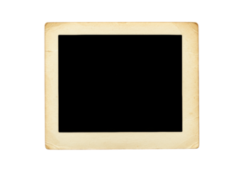 Isolated vintage photo frame with ragged aged edges, yellowish textured paper, subtle creases, and a blank black center, on a clean bright white background with copy space, symbolizing memory and the