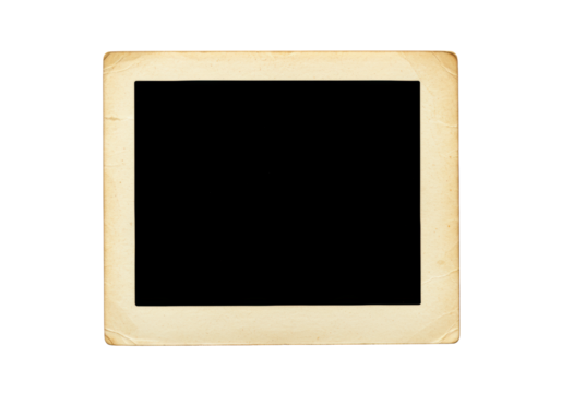 Isolated vintage photo frame with ragged aged edges, yellowish textured paper, subtle creases, and a blank black center, on a clean bright white background with copy space, symbolizing memory and the