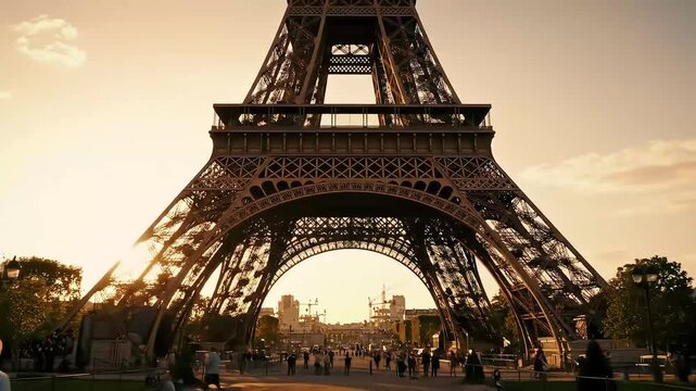 Eiffel Tower sunset, Paris, people walking, city construction