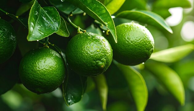 Lush green limes on a tree branch