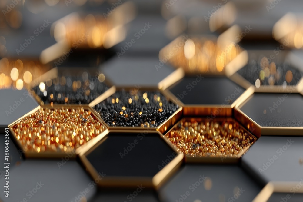 Poster abstract 3d hexagonal pattern with golden and black accents on a grey surface