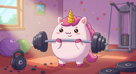 A cute and strong unicorn muscle cartoon character is lifting a barbell in a home gym. Funny fitness illustration.