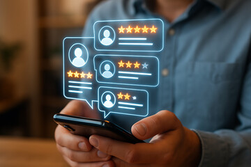 Person holding smartphone with holographic customer reviews and star ratings interface representing feedback, online reputation, and user experience