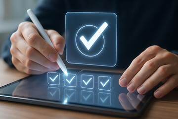 Person using digital pen on tablet to check tasks with glowing holographic checkmarks symbolizing productivity, planning, and project management