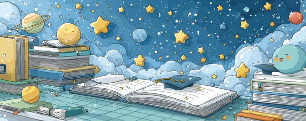 Whimsical themed background featuring books, stars, and cartoon-style educational objects