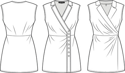 Sleeveless wrap top fashion flat sketch with collar, pleats, button detail, back and front view, technical CAD vector illustration