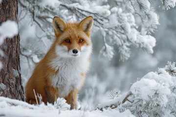Obraz premium Charming Red Fox Amidst Winter Wonderland: A Cute Mammal in the Snowy Forest
