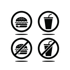 Black and White Fast Food Icons: Burger, Drink, No Entry Signs