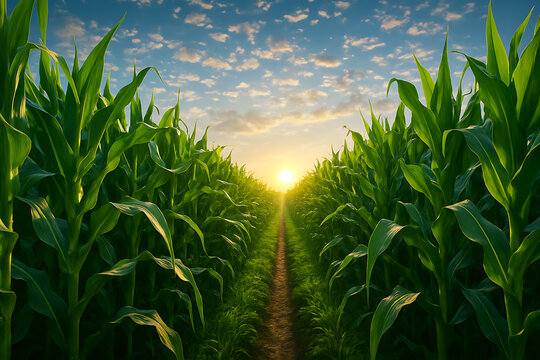 Serene cornfield pathway with lush green plants and golden sunrise creating a beautiful rural farming landscape under a blue sky with clouds