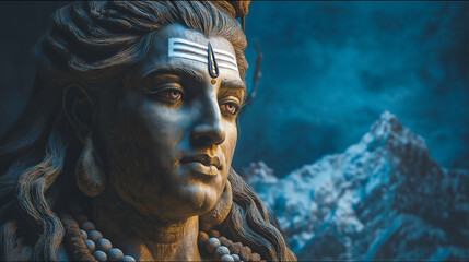 Majestic God Shiva Statue Snowy Peaks Divine Portrait Spiritual Artwork Deity