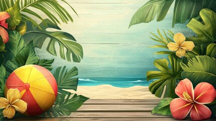 Vector summer time holiday typographic illustration on vintage wood background. Tropical plants, flower, beach ball, and sunshade