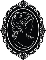 Elegant Cameo Silhouette of a Woman in Ornate Frame Black and White Vector Illustration