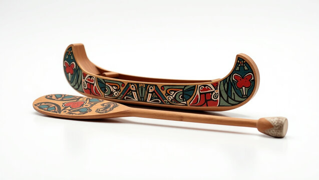 A beautifully handpainted miniature canoe and paddle, isolated on white background, showcasing native american art and craftsmanship